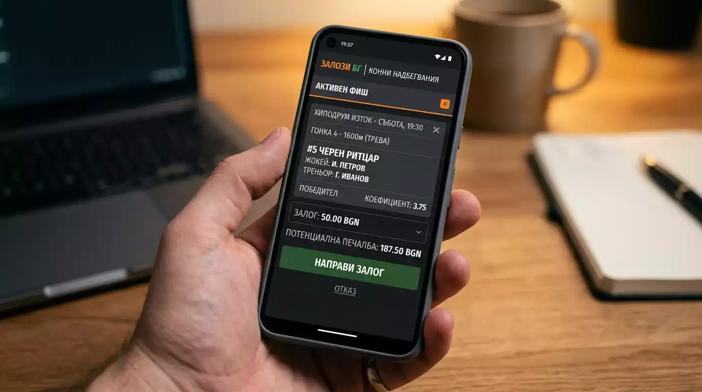 Bet slip с поставен залог за конно надбягване на мобилно приложение