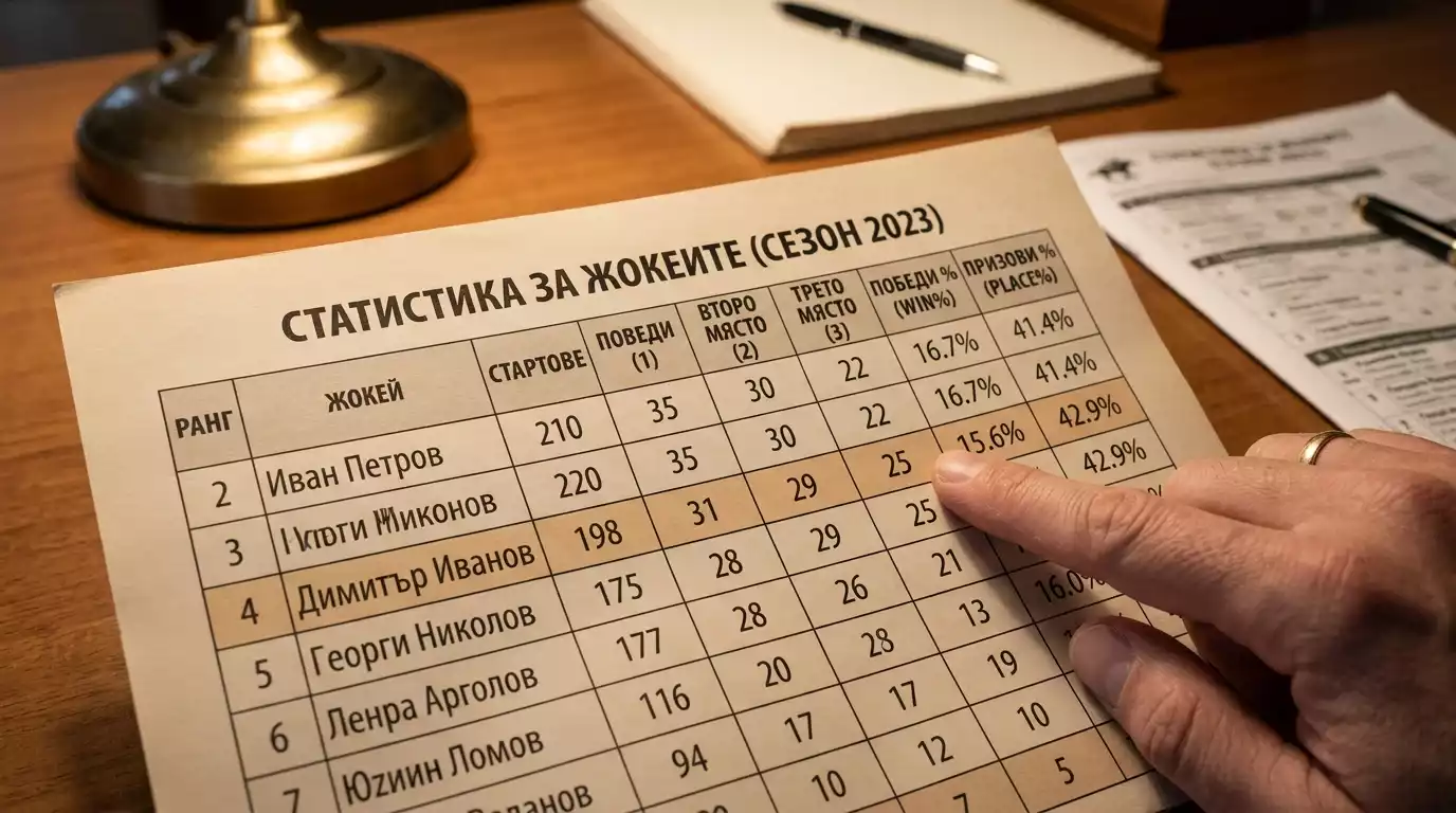 Таблица с WIN% на топ жокеи конни надбягвания аналитични данни