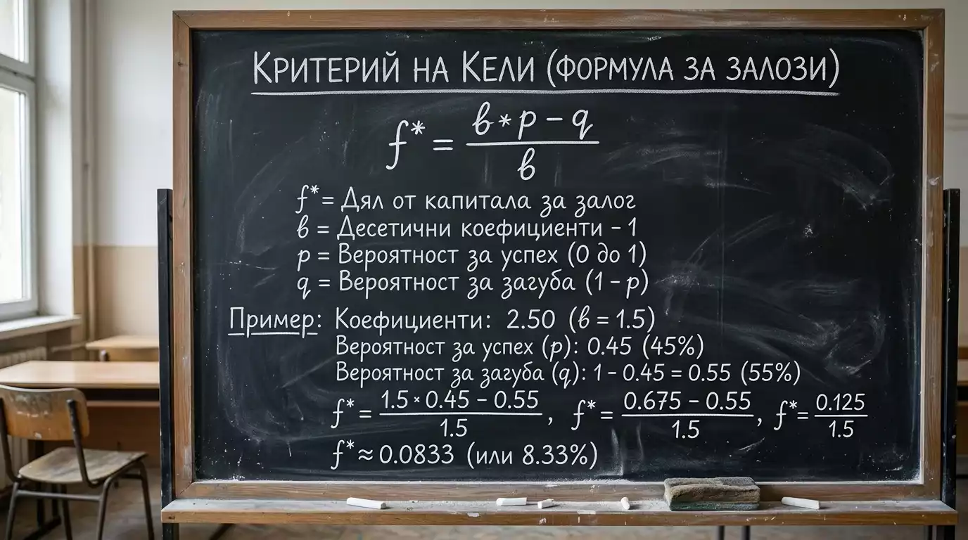 Kelly Criterion формула изчисление за оптимален размер на залог