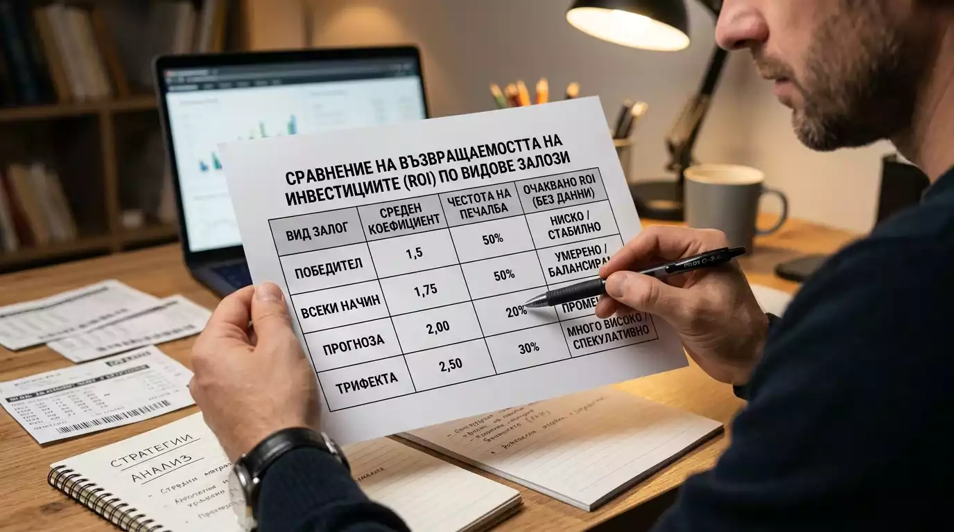 ROI сравнение по тип залог Win Each Way конни надбягвания анализ
