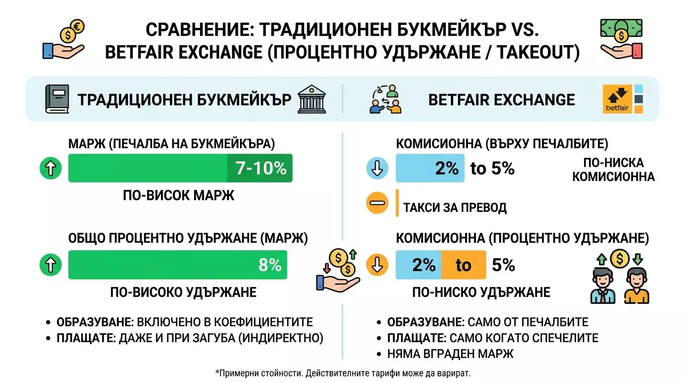 Сравнение на takeout при традиционен букмейкър и Betfair Exchange при конни залози